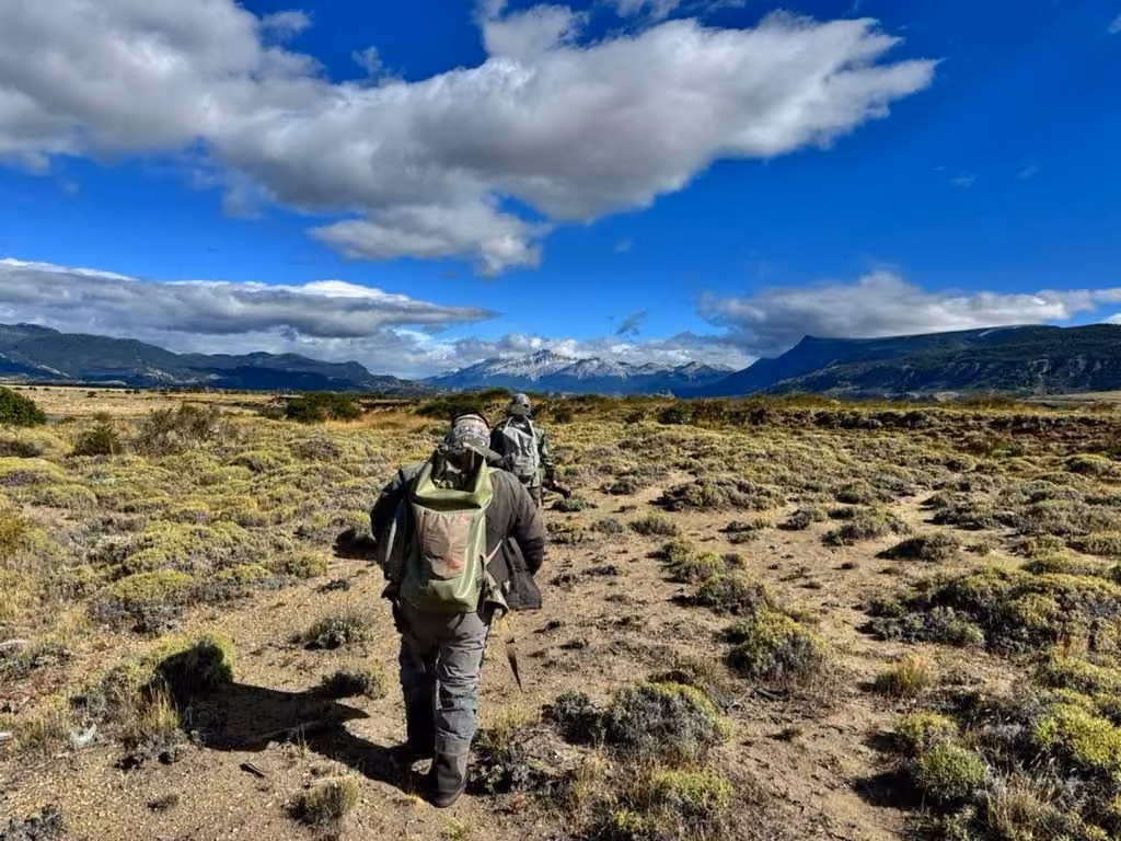 Two people in waders and backpacks walk a dirt trail through steppe scrub toward mountains with snow on their peaks, under a blue sky with white clouds, Ñirehuao River, Coyhaique, Chilean Patagonia