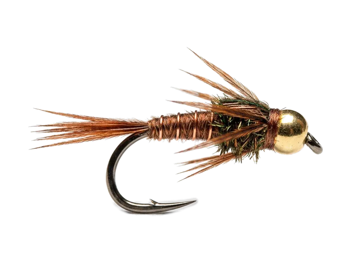 AI-generated studio render of a Beadhead Pheasant Tail nymph with a gold bead, copper-ribbed pheasant tail body and peacock thorax