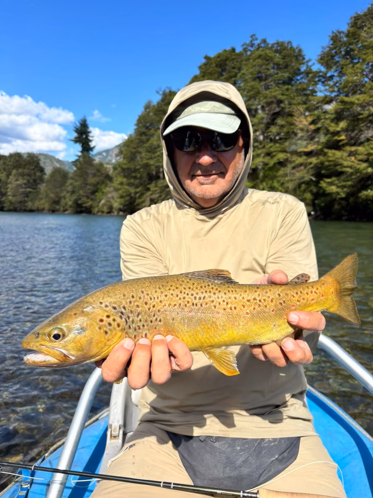 An angler with a brown trout in a boat on a forested river near Coyhaique, Chilean Patagonia