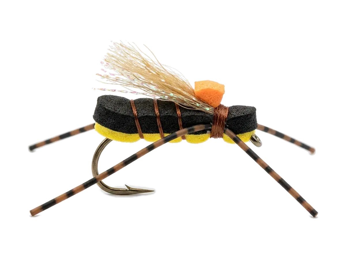 AI-generated studio render of a Fat Albert foam dry fly with a black-and-yellow foam body, barred rubber legs and an orange sight post