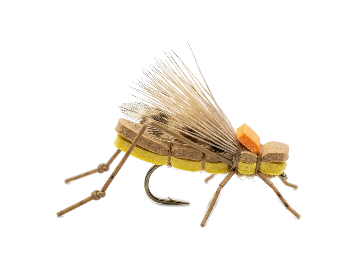 AI-generated studio render of a foam hopper dry fly with a tan and yellow segmented foam body, deer-hair wing and knotted legs