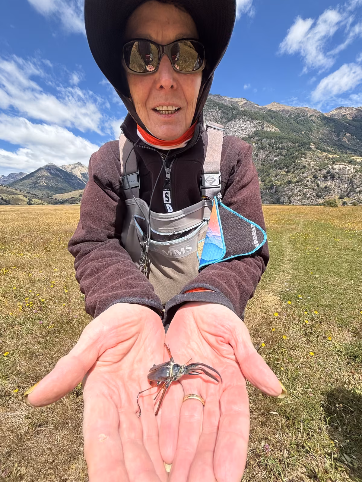 A large dark insect with long legs and antennae rests in the open palms of an angler in a wide-brim hat and sunglasses, a grassy valley and mountains behind, Coyhaique, Chilean Patagonia