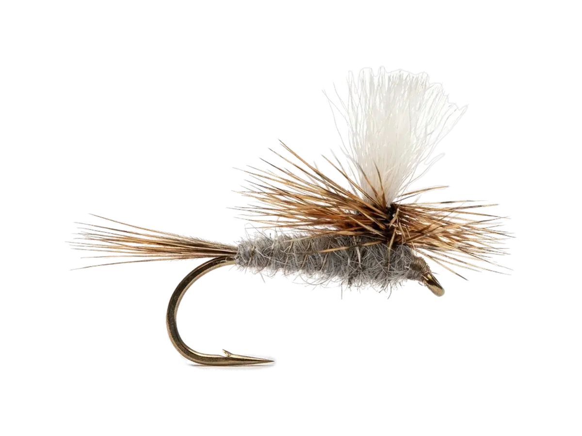 AI-generated studio render of a Parachute Adams dry fly with a white wing post, brown and grizzly hackle and a gray body