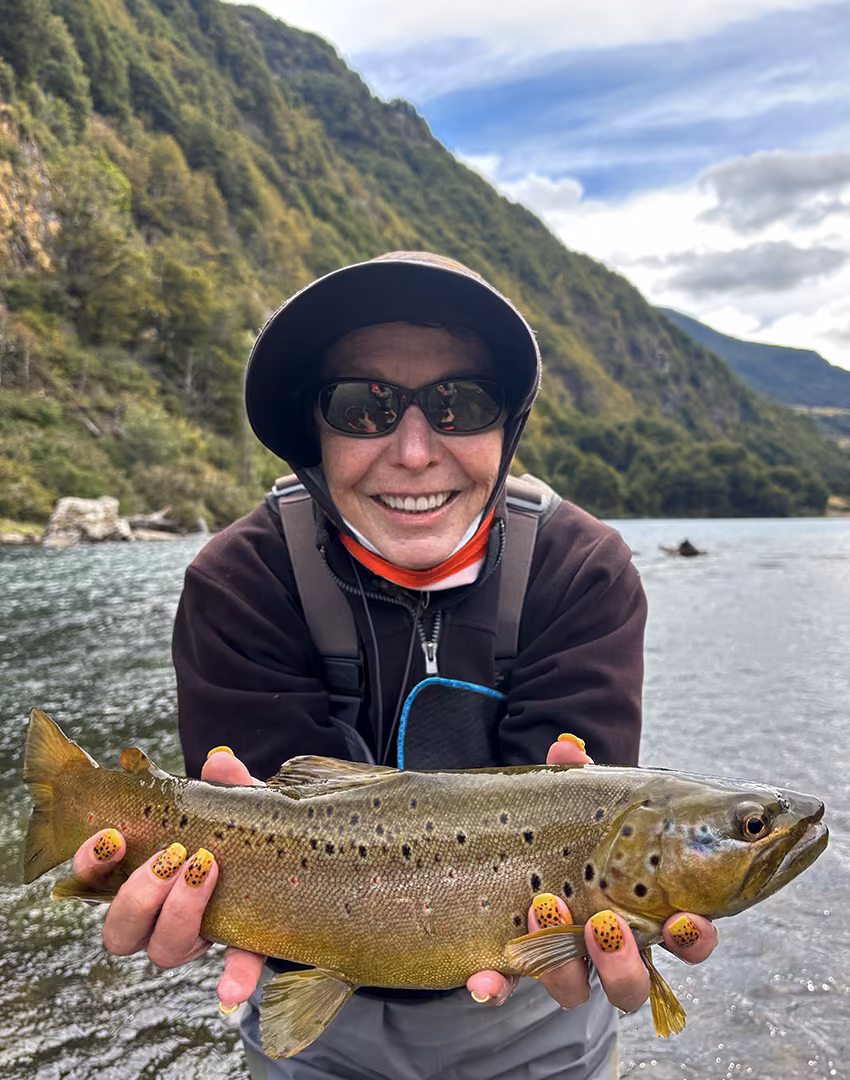 Wild trout being released into cold Patagonian river water