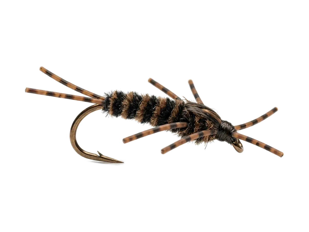 AI-generated studio render of a rubber-leg stonefly nymph with a black and brown chenille body and barred rubber legs, tails and antennae