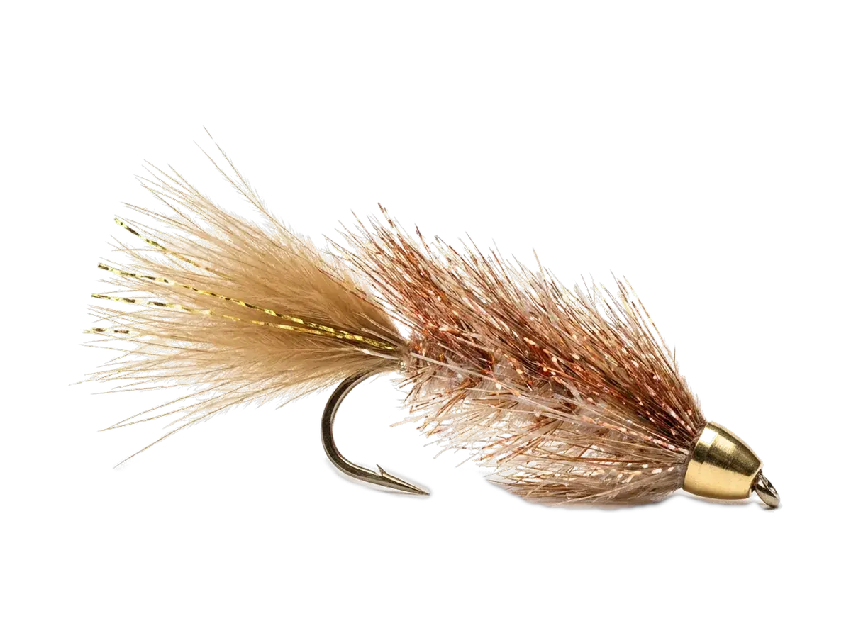 AI-generated studio render of a Sparkle Minnow streamer with a gold cone head, tan marabou tail and a root beer and pearl flash body