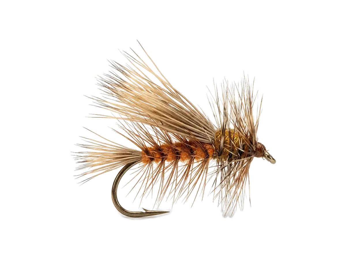 AI-generated studio render of a Stimulator dry fly with an orange palmered body, elk-hair wing and grizzly hackle