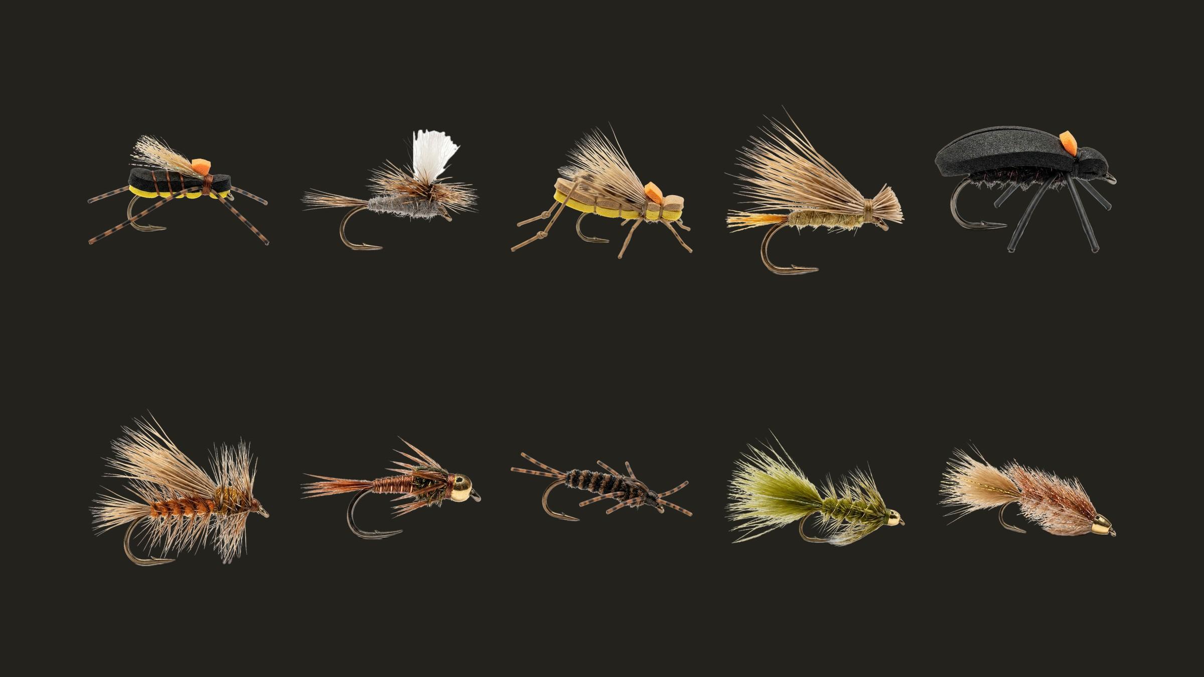 AI-generated studio render of the ten flies of this guide side by side: five foam and hair dry flies, a black beetle, two nymphs and two cone-head streamers