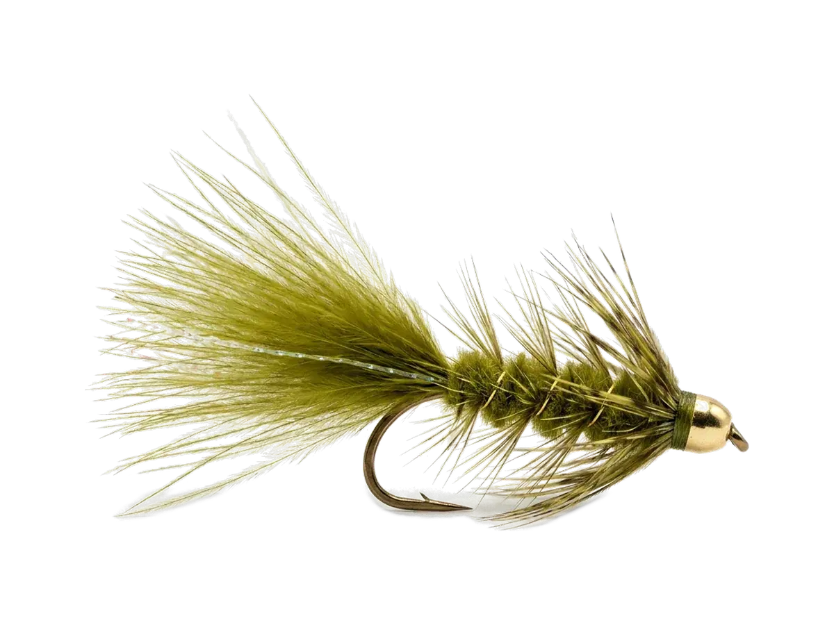 AI-generated studio render of an olive Woolly Bugger streamer with a gold cone head, marabou tail and palmered hackle