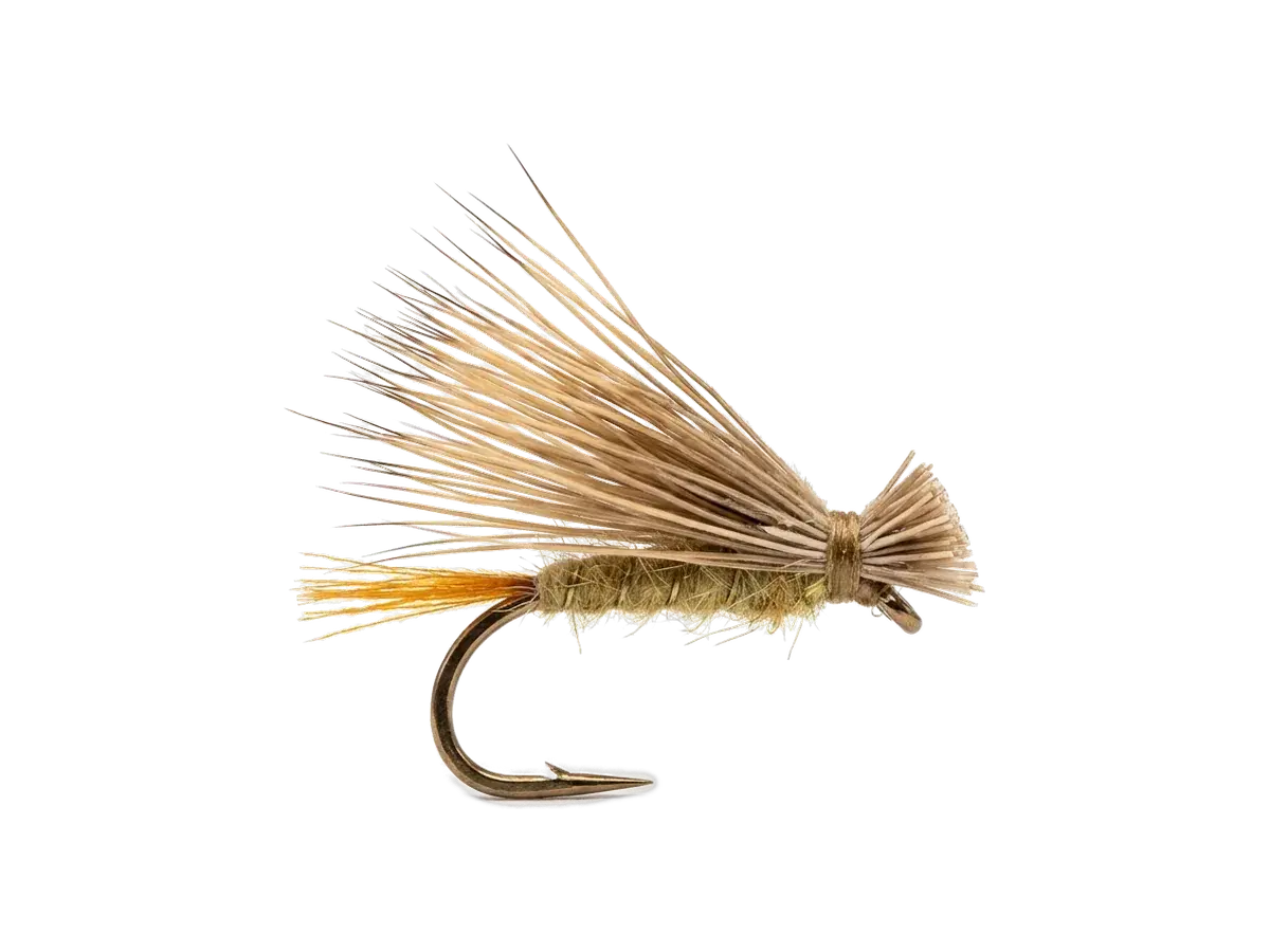 AI-generated studio render of an X-Caddis dry fly with an amber trailing shuck, tan body and a short deer-hair wing